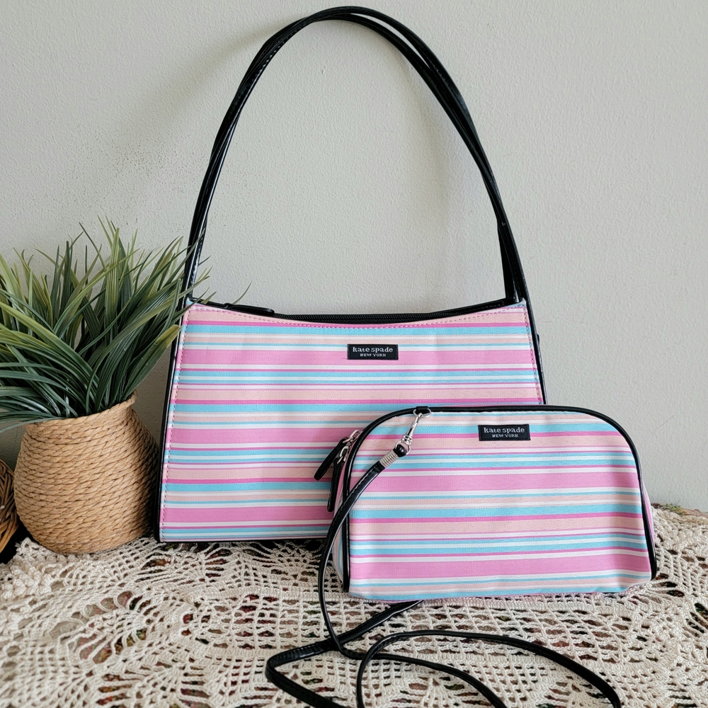 Kate Spade Pink and Blue Striped Shoulder Bag Set